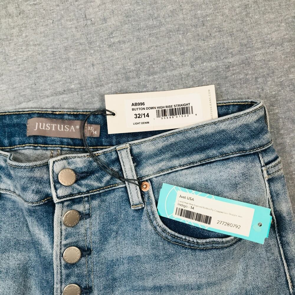 Just USA 32/14 Blue Jeans Carol High Rise Button Fly Cropped Slim Straight NWT L - Picture 4 of 10